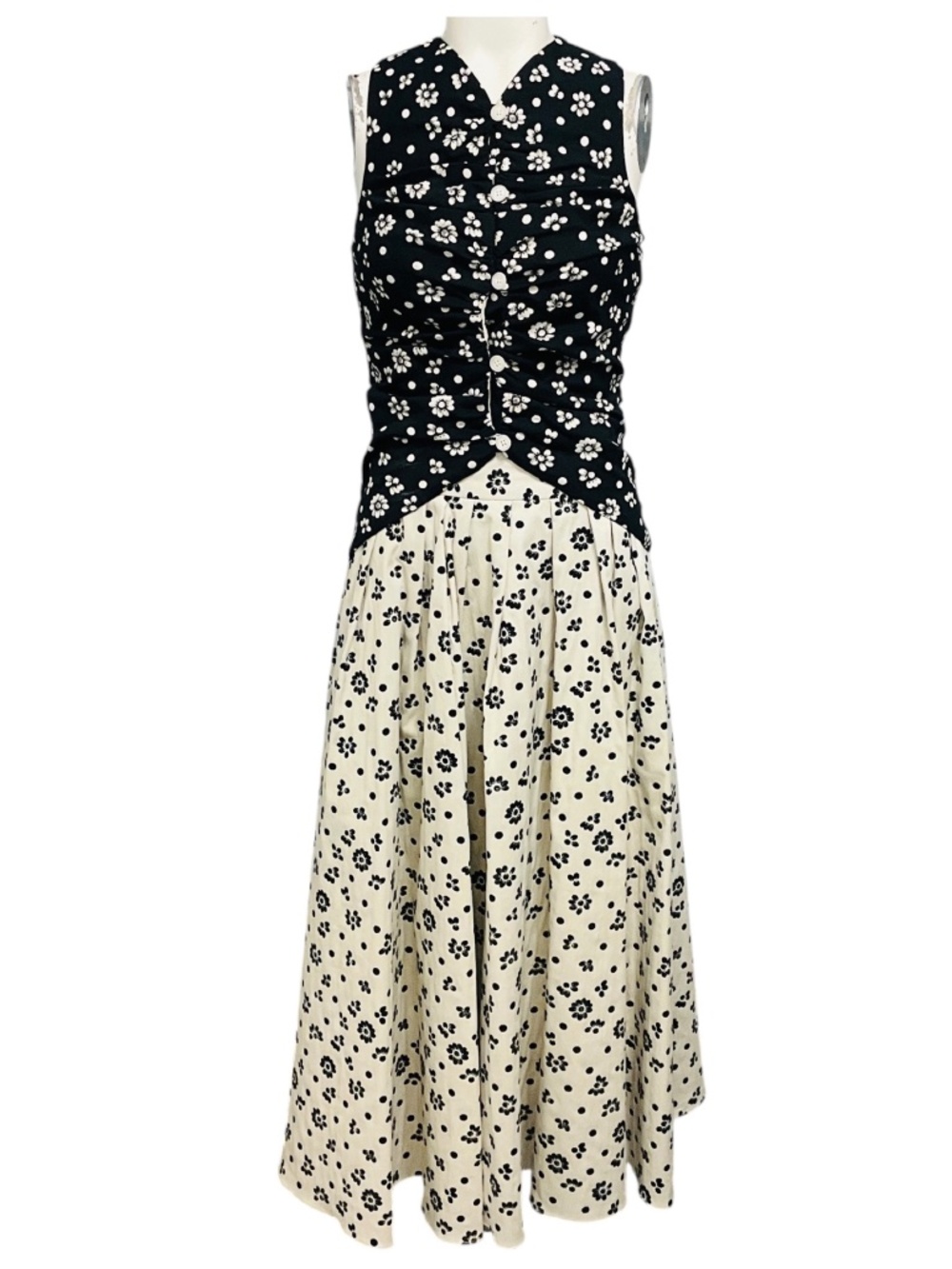 ROSIE ASSOULIN CREAM / BLACK ALL BUTTONED UP FLORAL VEST TOP AND FLORAL GATHERED